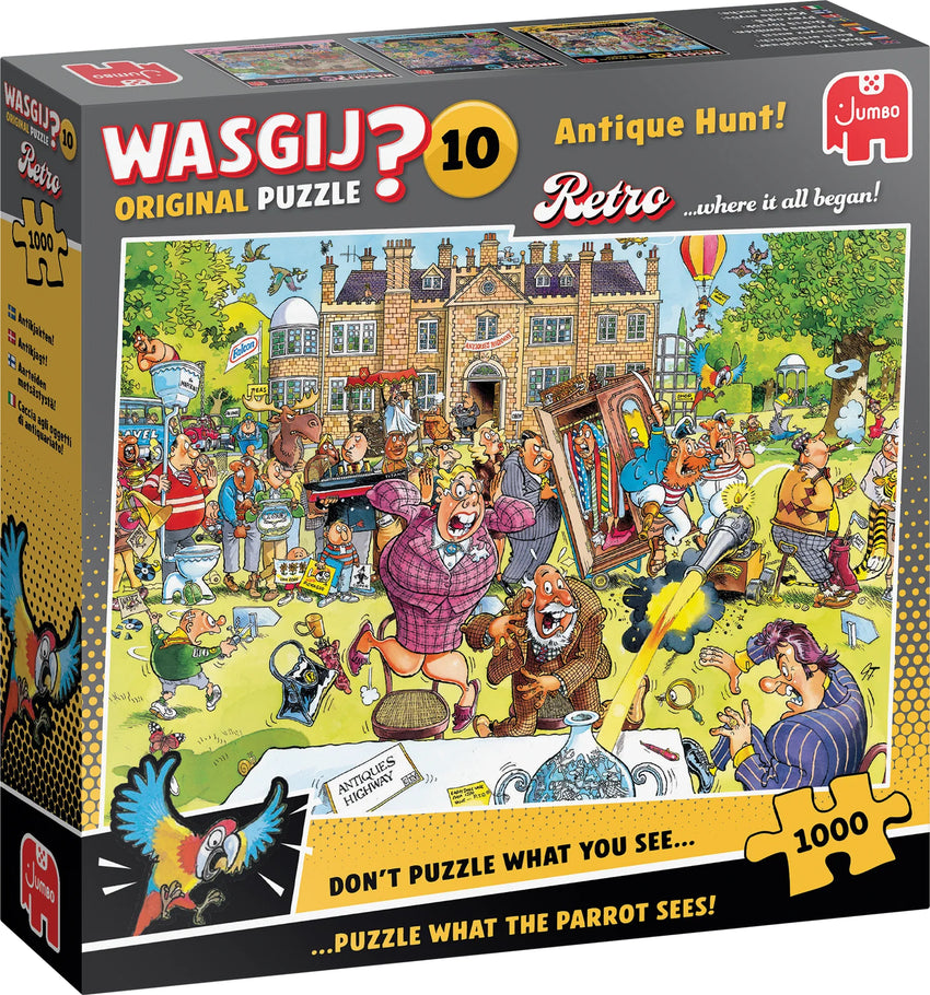 Wasgij Retro 10 Antique Hunt 1000 gabalu puzle ar krāsainu, komisku ainu pie muižas un daudzām dīvainām detaļām.
