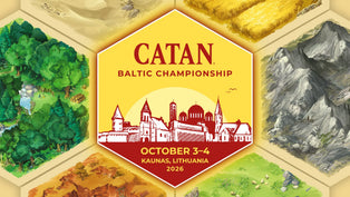Catan Baltijas čempionāta plakāts ar spēles laukuma heksagoniem un Kauņas pilsētas siluetu.