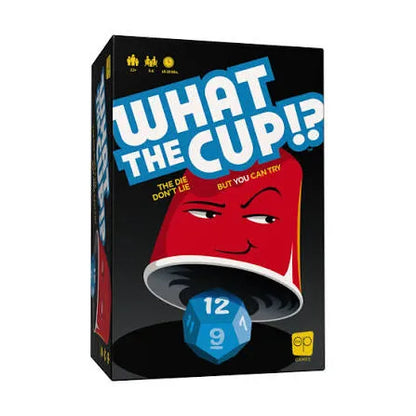 Galda spēle What the Cup ar sarkanu krūzītes tēlu un zilu divpadsmitstūrainu kauliņu uz melna fona.