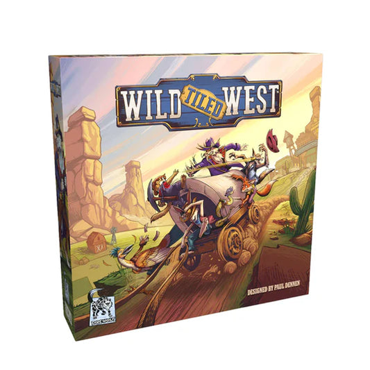 Wild Tiled West galda spēles kaste ar krāsainu vesterna ilustrāciju, kurā redzami dzīvnieki uz pajūga tuksneša ainavā.
