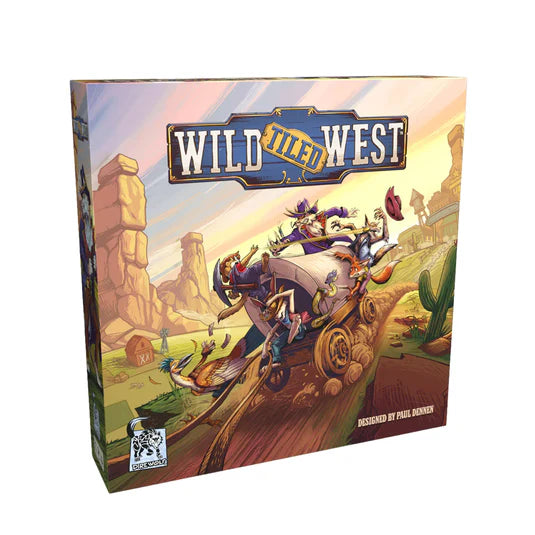 Wild Tiled West galda spēles kaste ar krāsainu vesterna ilustrāciju, kurā redzami dzīvnieki uz pajūga tuksneša ainavā.