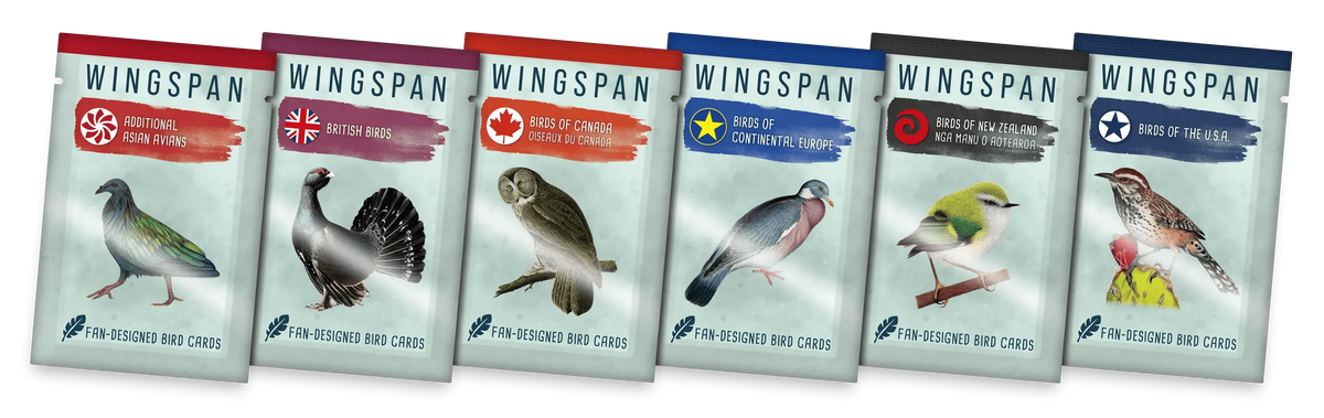 Sešas Wingspan galda spēles papildinājumu paciņas ar dažādu pasaules reģionu putnu ilustrācijām.