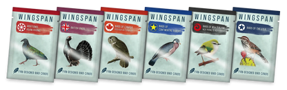 Sešas Wingspan galda spēles papildinājumu paciņas ar dažādu pasaules reģionu putnu ilustrācijām.