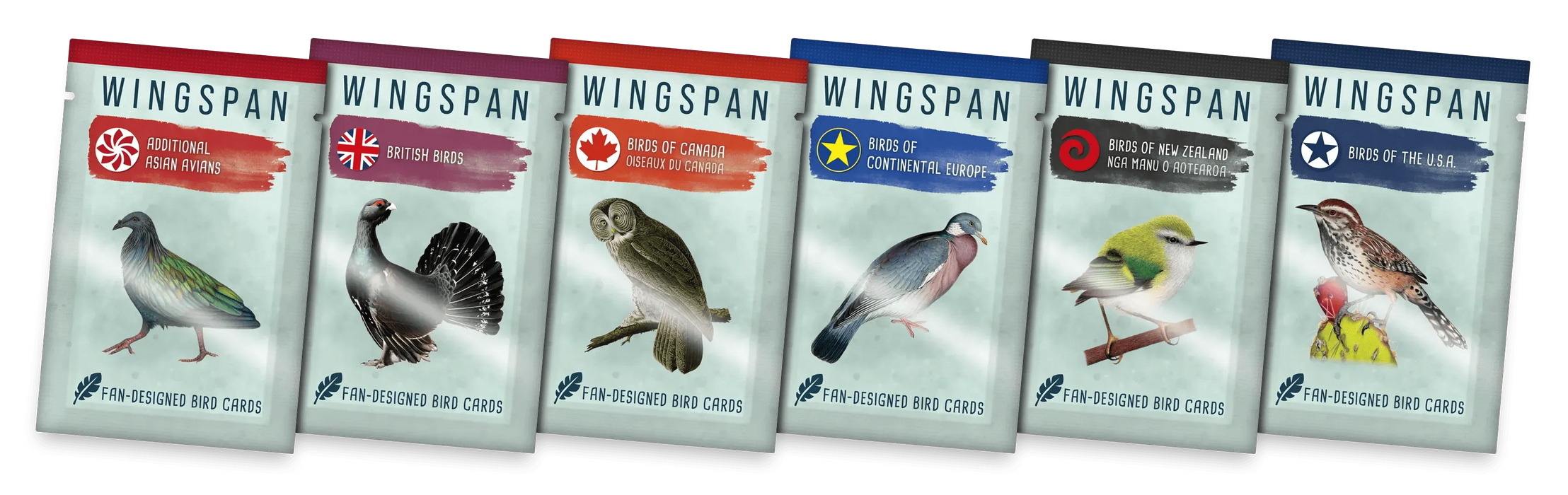 Sešas Wingspan galda spēles papildinājumu paciņas ar dažādu pasaules reģionu putnu ilustrācijām.