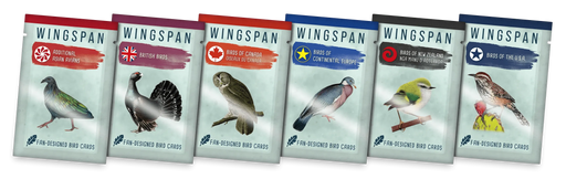 Sešas Wingspan galda spēles papildinājumu paciņas ar dažādu pasaules reģionu putnu ilustrācijām.