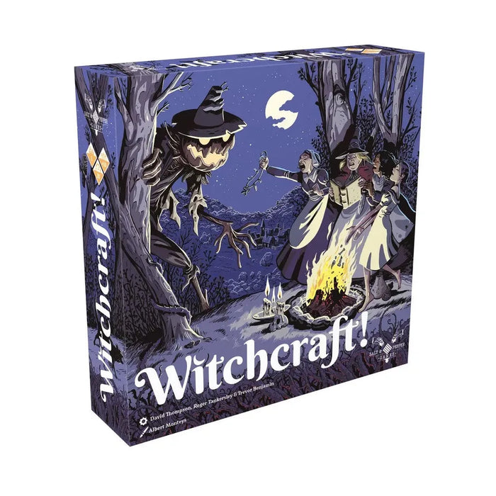 Witchcraft! galda spēles kaste ar tumši violetu ilustrāciju, kurā raganas sastopas ar biedējošu briesmoni pie ugunskura.