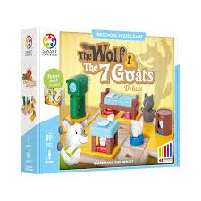 SmartGames galda spēle Vilks un 7 kazlēni ar krāsainām figūriņām, mēbelēm un puzles pamatni pirmsskolas vecuma bērniem.