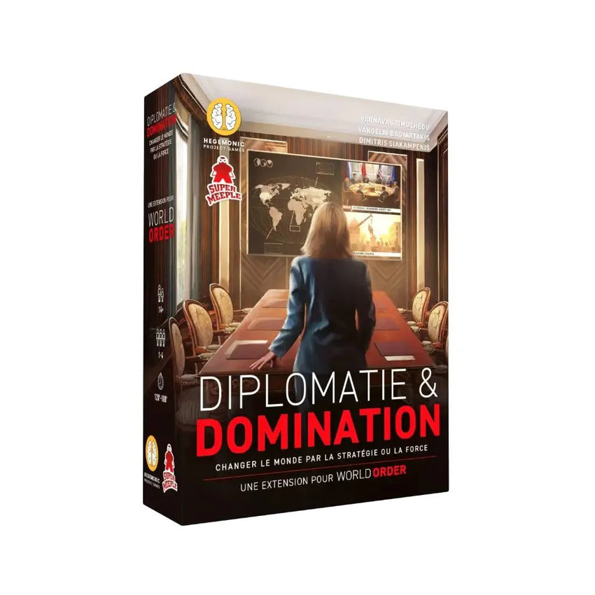 World Order galda spēles papildinājums Diplomacy & Dominance ar politisku ilustrāciju uz kastes vāka.