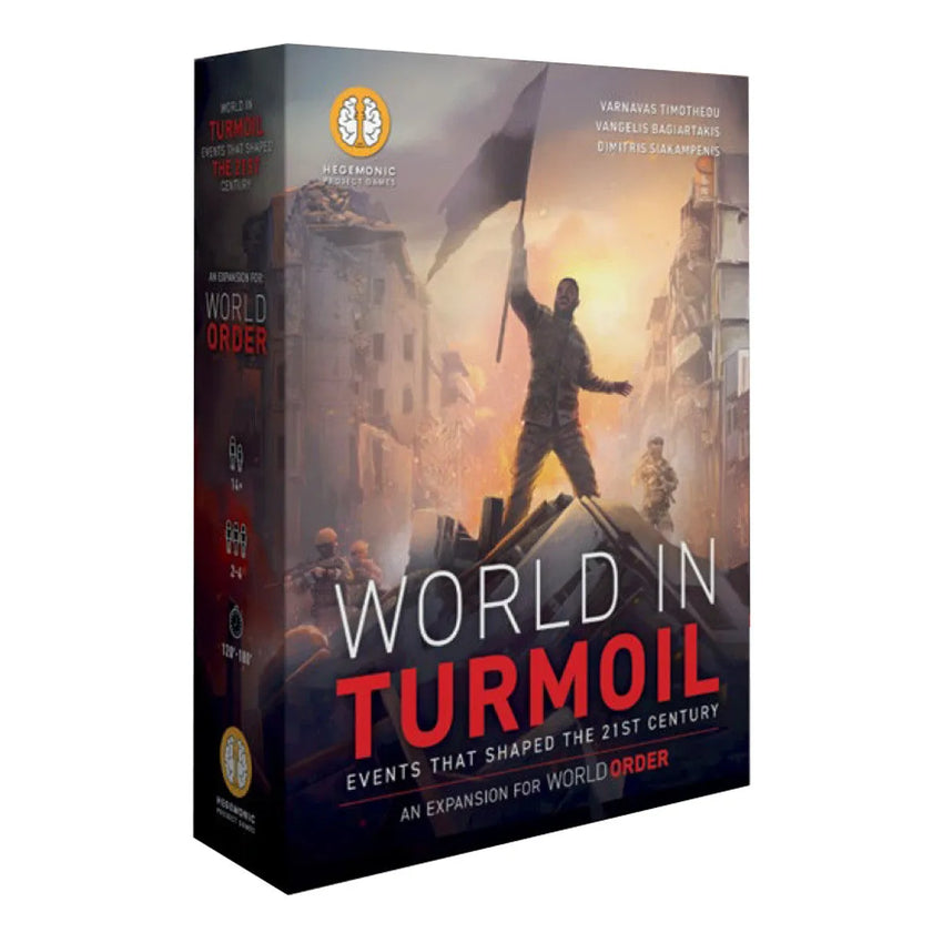 World Order: World in Turmoil galda spēles paplašinājuma kaste ar karavīru un drupām uz tumša, dramatiska fona.