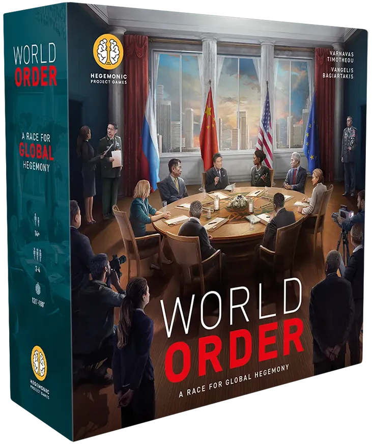 Galda spēles World Order kaste ar ilustrāciju, kurā pasaules līderi apspriežas pie apaļā galda, uz tumši zila fona.