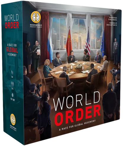 Galda spēles World Order kaste ar ilustrāciju, kurā pasaules līderi apspriežas pie apaļā galda, uz tumši zila fona.