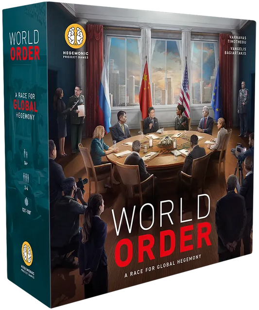 Galda spēles World Order kaste ar ilustrāciju, kurā pasaules līderi apspriežas pie apaļā galda, uz tumši zila fona.