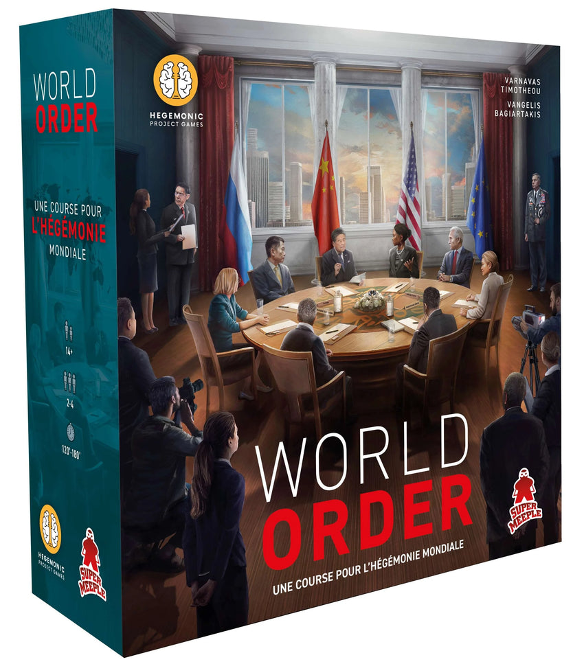 World Order galda spēles kaste ar ilustrāciju, kurā diplomāti sēž pie apaļā galda ar pasaules valstu karogiem.