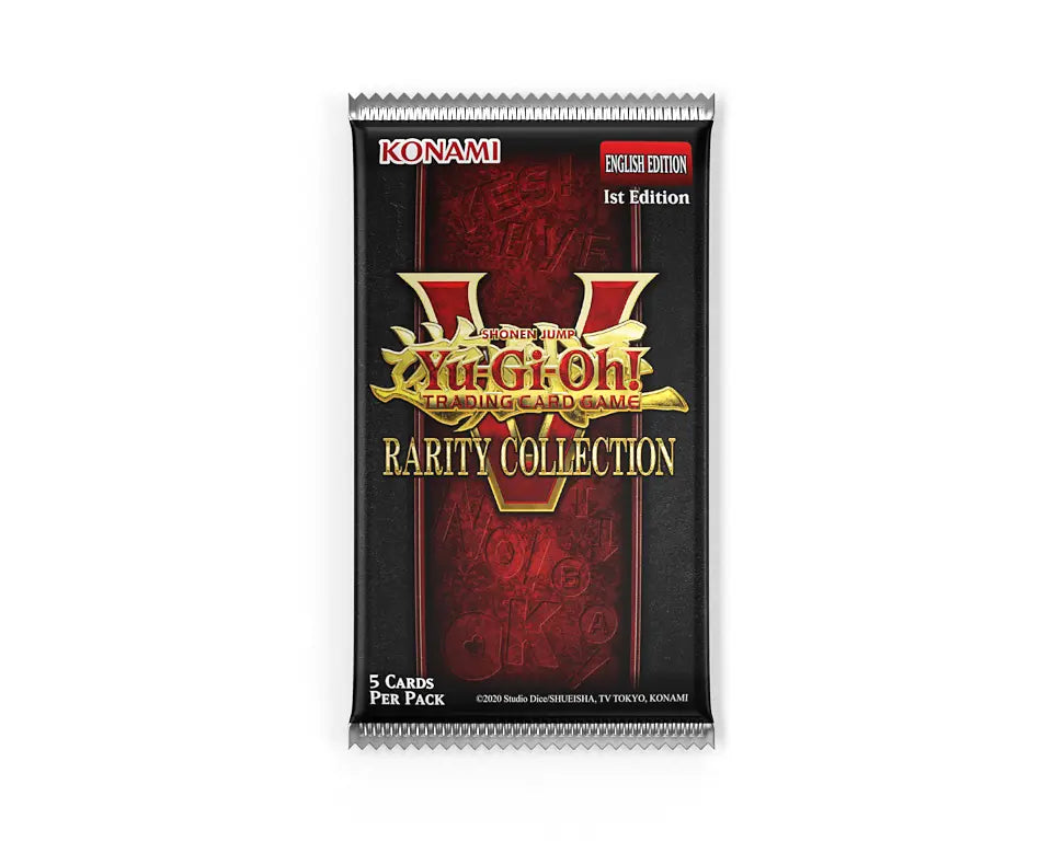 Yu-Gi-Oh! Rarity Collection 5 papildpaka melnā un sarkanā krāsā ar zelta logotipu, kas satur 5 angļu valodas kārtis.