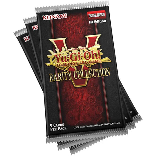 Trīs melnas Yu-Gi-Oh! Rarity Collection 5 kāršu papildpakas ar zeltītu logotipu un 15 kāršu kopējo skaitu.