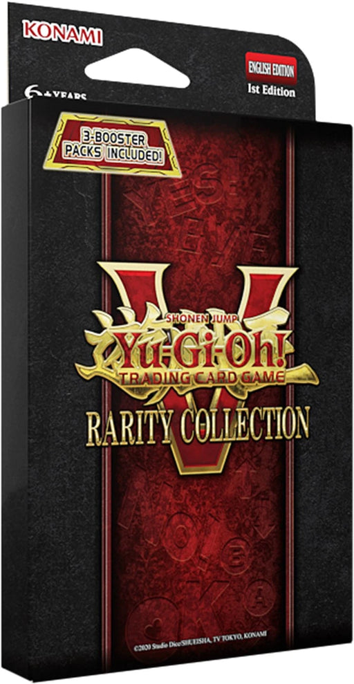 Yu-Gi-Oh! Rarity Collection 5 kāršu komplekts melnā un sarkanā iepakojumā ar 3 papildpakām un zelta logotipu.