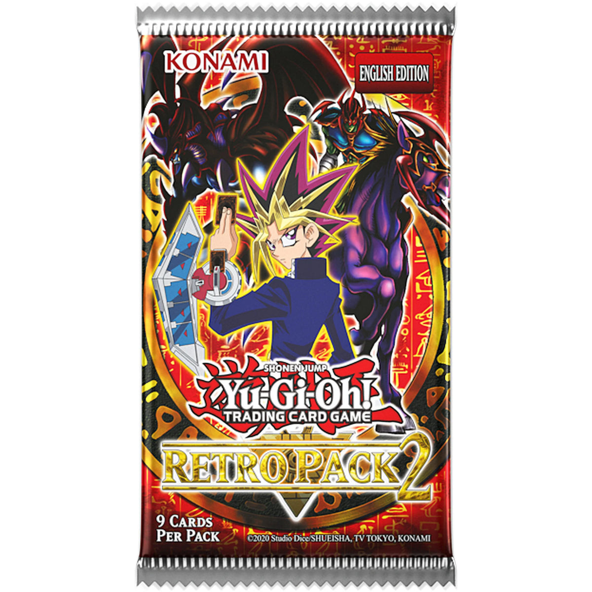 Yu-Gi-Oh! Retro Pack 2 kāršu paciņa ar Jūgi Muto attēlu uz sarkana, dekoratīva fona, kas satur 9 spēļu kārtis.