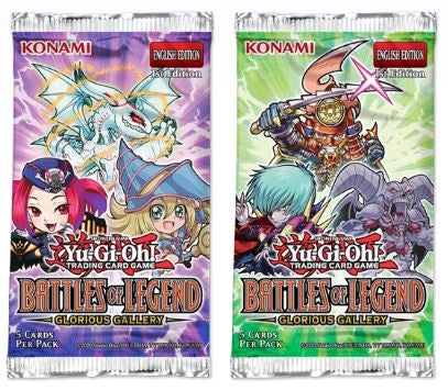 Divi Yu-Gi-Oh! Battles of Legend Glorious Gallery kāršu paciņu iepakojumi ar krāsainiem anime varoņu un briesmoņu attēliem.