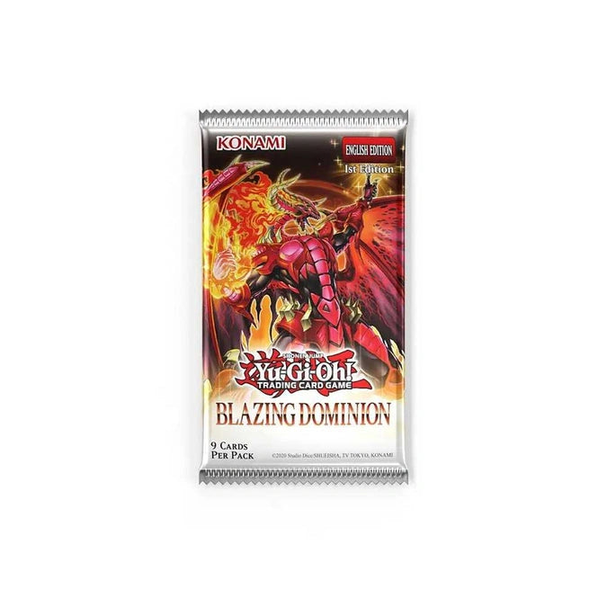 Yu-Gi-Oh! Blazing Dominion pastila ar sarkanu uguns pūķa ilustrāciju un 9 kāršu iepakojumu uz sudrabaina fona.