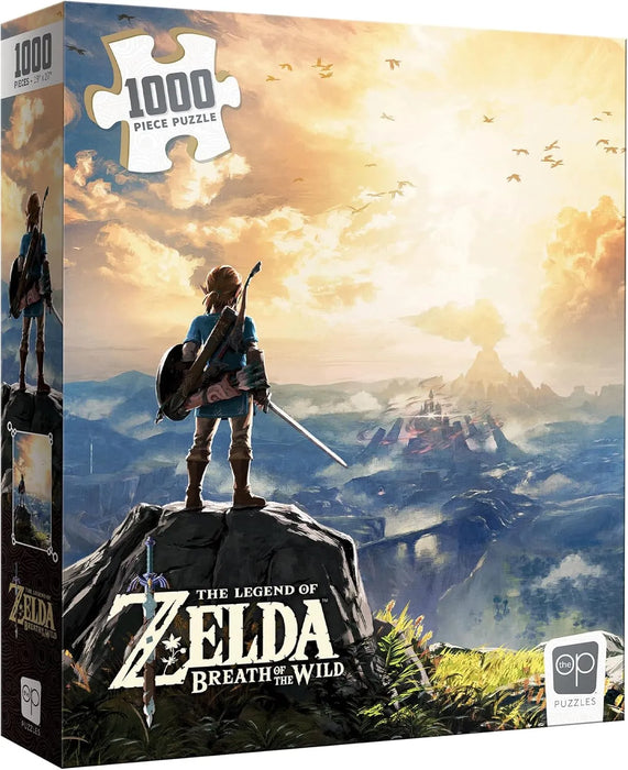 1000 gabaliņu The Legend of Zelda puzle ar Linku uz klints, 69x49 cm izmērā, krāsainā kartona iepakojumā.