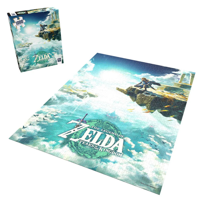 1000 gabalu Zelda Tears of the Kingdom puzle ar Linku uz debesu salas, 69x49 cm, krāsains spēles motīvs uz kartona.