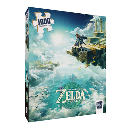 1000 gabaliņu Zelda Tears of the Kingdom puzle ar Linku uz debesu salas, 69x49 cm izmērā, krāsainā iepakojumā.