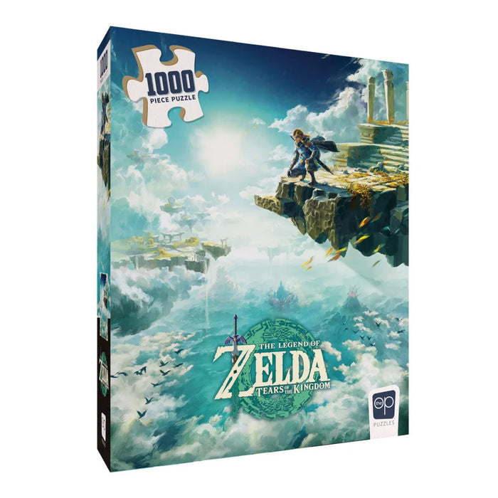 1000 gabaliņu Zelda Tears of the Kingdom puzle ar Linku uz debesu salas, 69x49 cm izmērā, krāsainā iepakojumā.