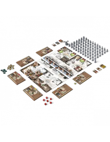 Zombicide: White Death galda spēles komponenti ar sniegotu spēles laukumu, plastmasas figūriņām, kārtīm un sarkanajiem kauliņiem.
