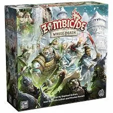Zombicide: White Death galda spēles kaste ar ziemas kaujas ainu, bruņotiem varoņiem un zombijiem uz sniegota fona.