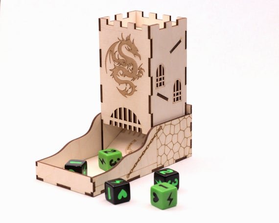 White dice tower with dragon